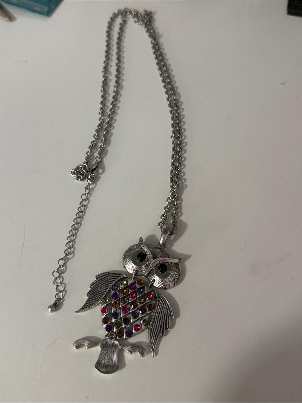 Silver Owl Pendant Necklace with Multicolor Gemstones